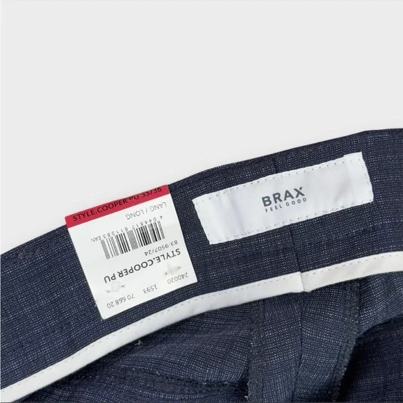 Brax Cooper Fancy Regular Fit Chino Pants Mens 35x36 Blue Plaid Unhemmed Leg NWT
